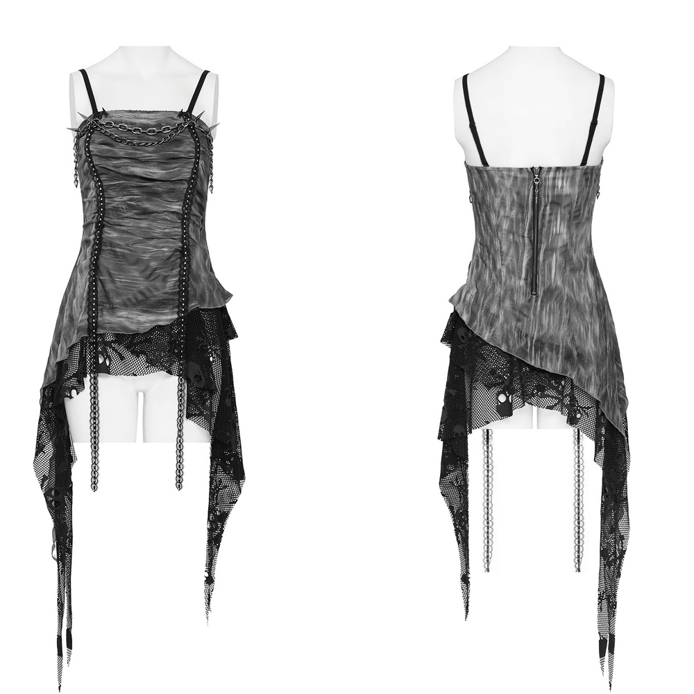 Women's Gray Chain Asymmetric Tunic Top with Lace Hem, layered mesh, crisscross chains, and lacey drape