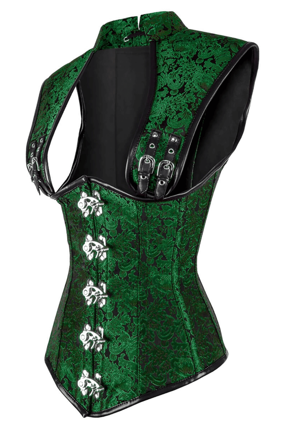 Women's Green Steampunk Underbust Corset With Straps in emerald baroque brocade with metal clasp front, black trim, and shoulder straps