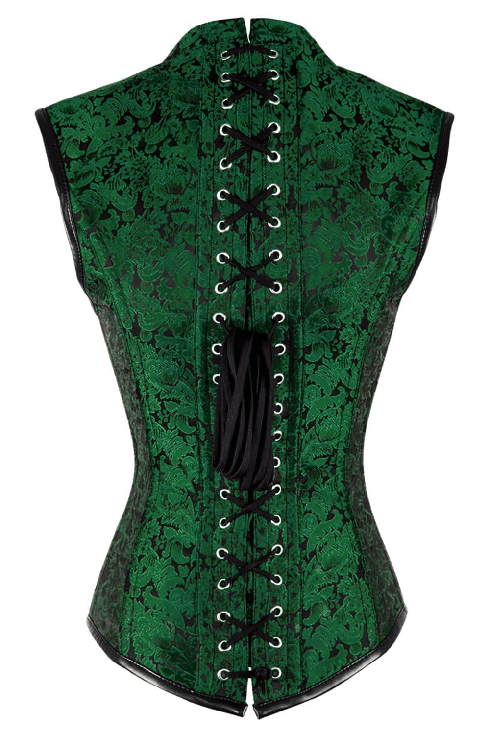 Alt Tag: Women's Green Steampunk Underbust Corset With Straps emerald gothic waist cincher with black trim, steel boning, and back lacing