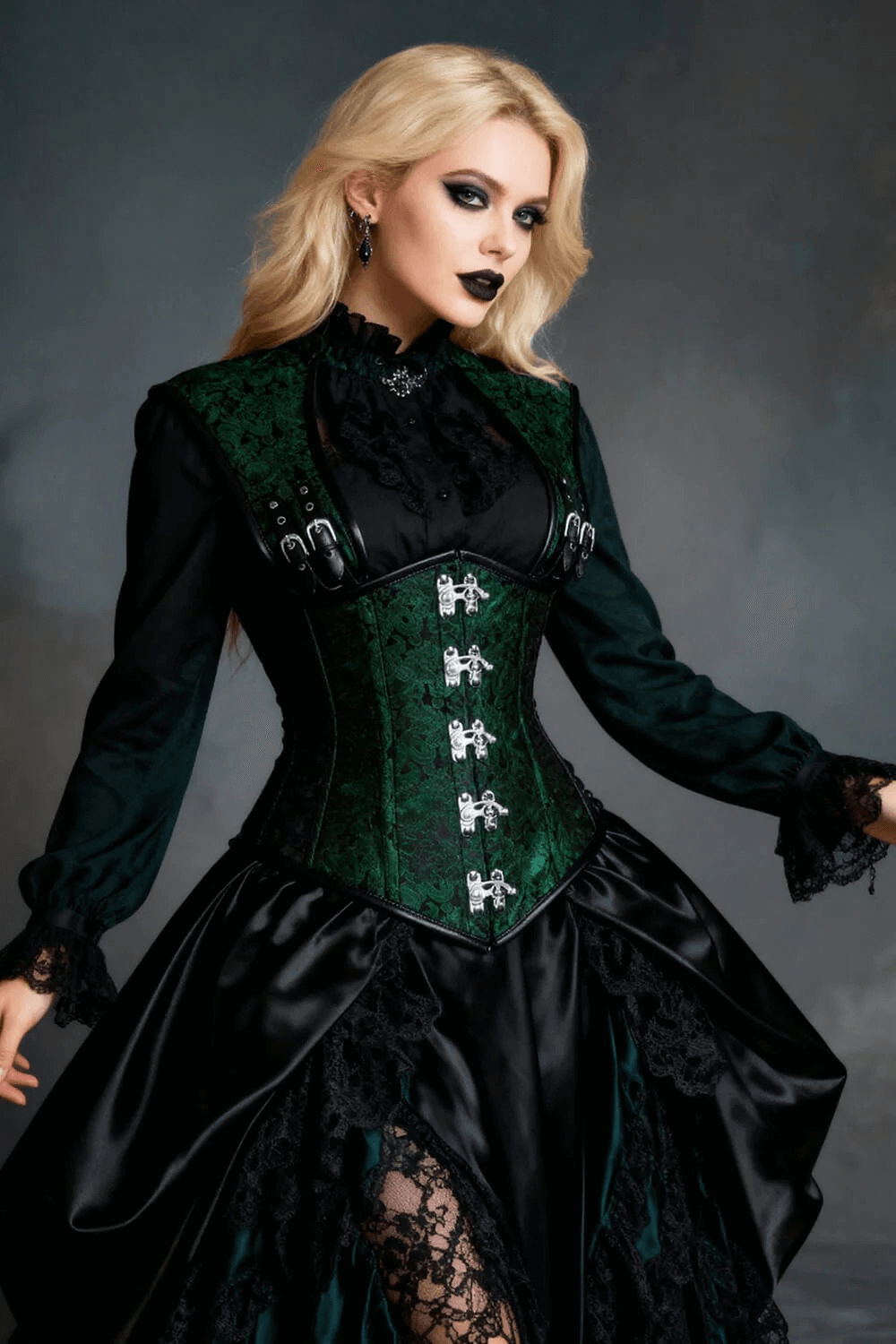 Alt Tag: Women's Green Steampunk Underbust Corset With Straps in emerald gothic brocade with metal clasps and straps, styled with black dress