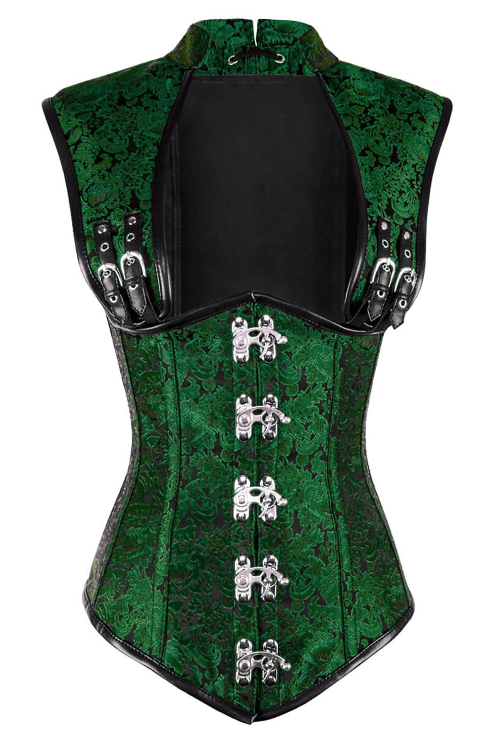 Alt Tag: Women's Green Steampunk Underbust Corset With Straps in emerald baroque brocade with metal clasps, black trim and shoulder straps