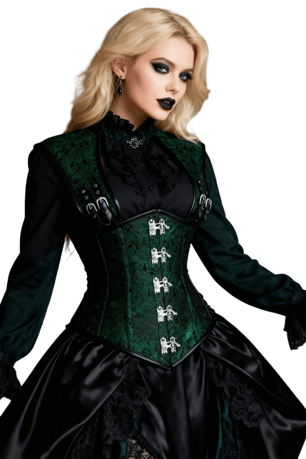 Alt Tag: Women's Green Steampunk Underbust Corset With Straps in emerald gothic brocade with metal clasp front, shoulder straps, black trim
