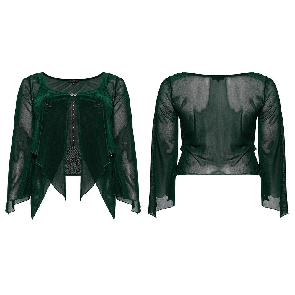 Chic women's green translucent long-sleeved top with bell sleeves and hooks fastening in a stylish cropped silhouette.