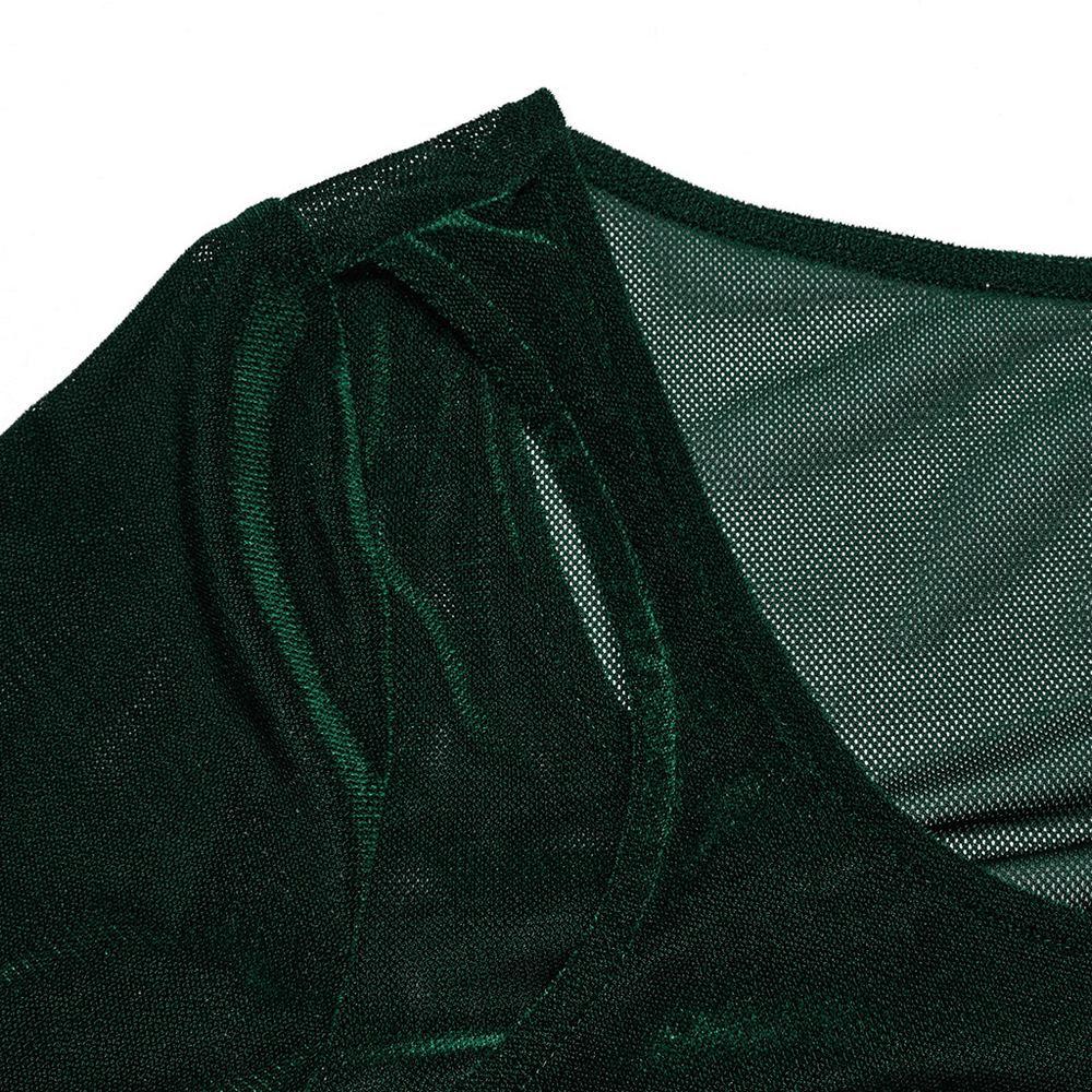 Close-up of translucent green fabric with bell sleeve design of a women's top.