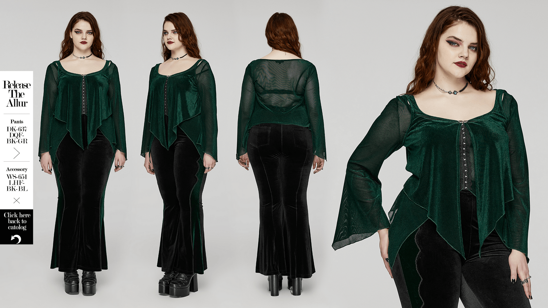 Chic women's green long-sleeved top with bell sleeves and hooks, perfect for stylish outfits.