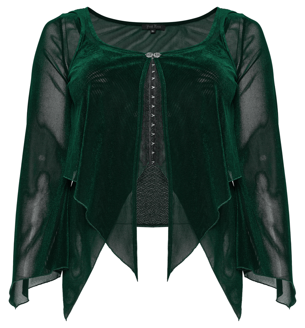 Chic women's green long-sleeved top with bell sleeves and hook fastening, elegant translucent design.