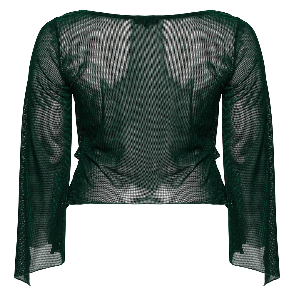 Women's Green Top with Bell Sleeves and Hooks Fastening