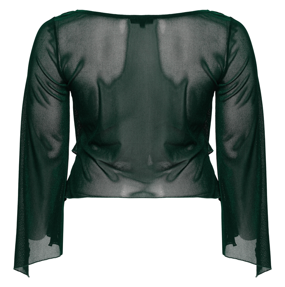 Back view of a women's translucent green long-sleeved top with bell sleeves, elegant cropped silhouette.