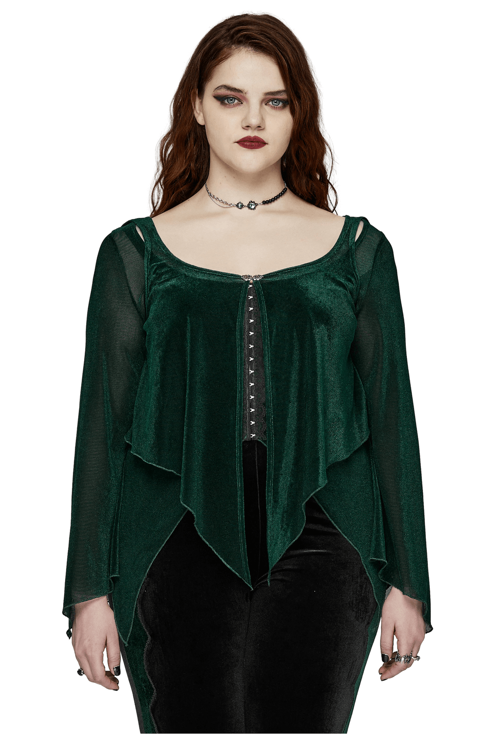 Chic women's green long-sleeved top with bell sleeves and hooks fastening, perfect for stylish outfits.