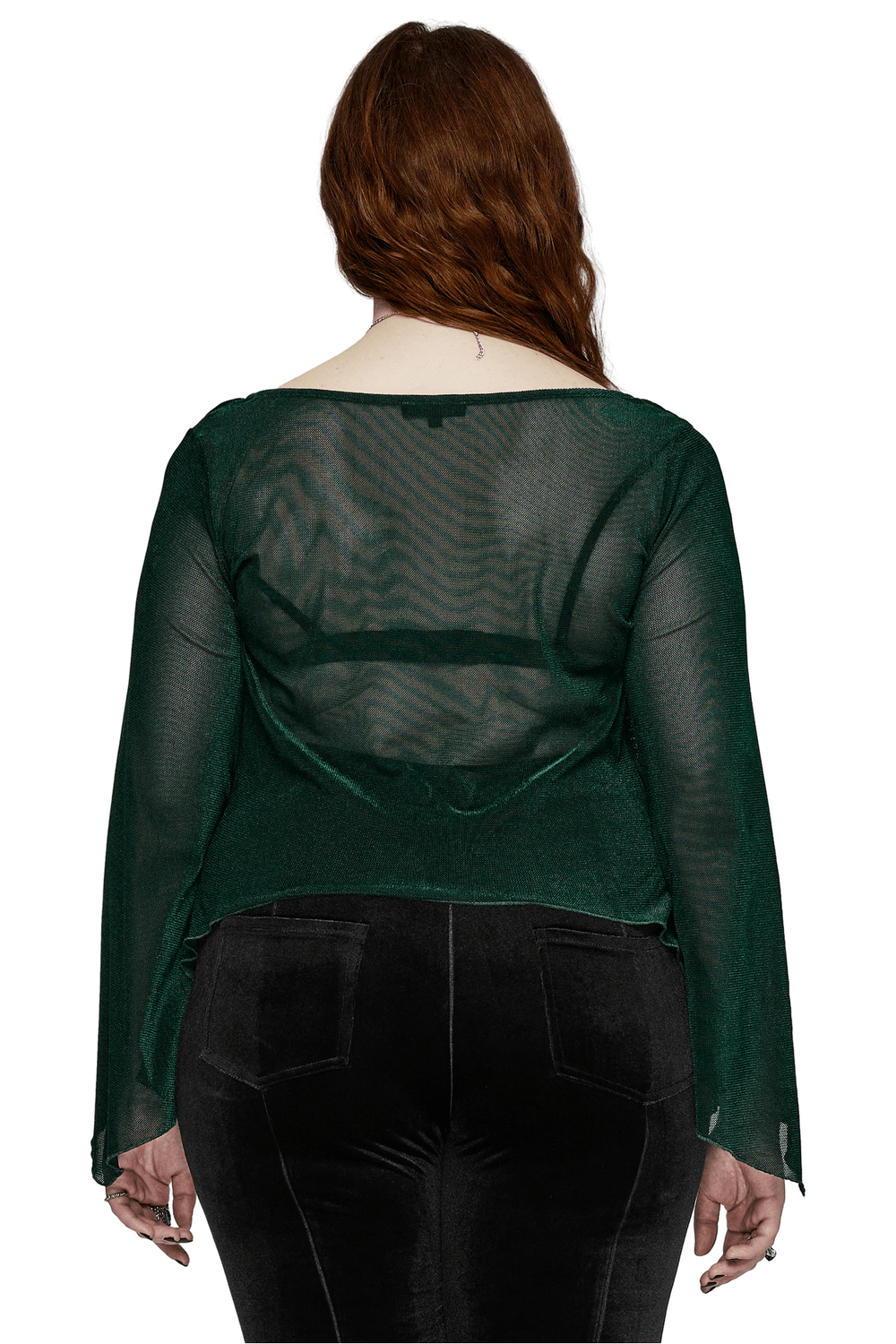 Back view of Women's Green Bell Sleeve Top, showcasing translucent fabric and stylish cropped design.