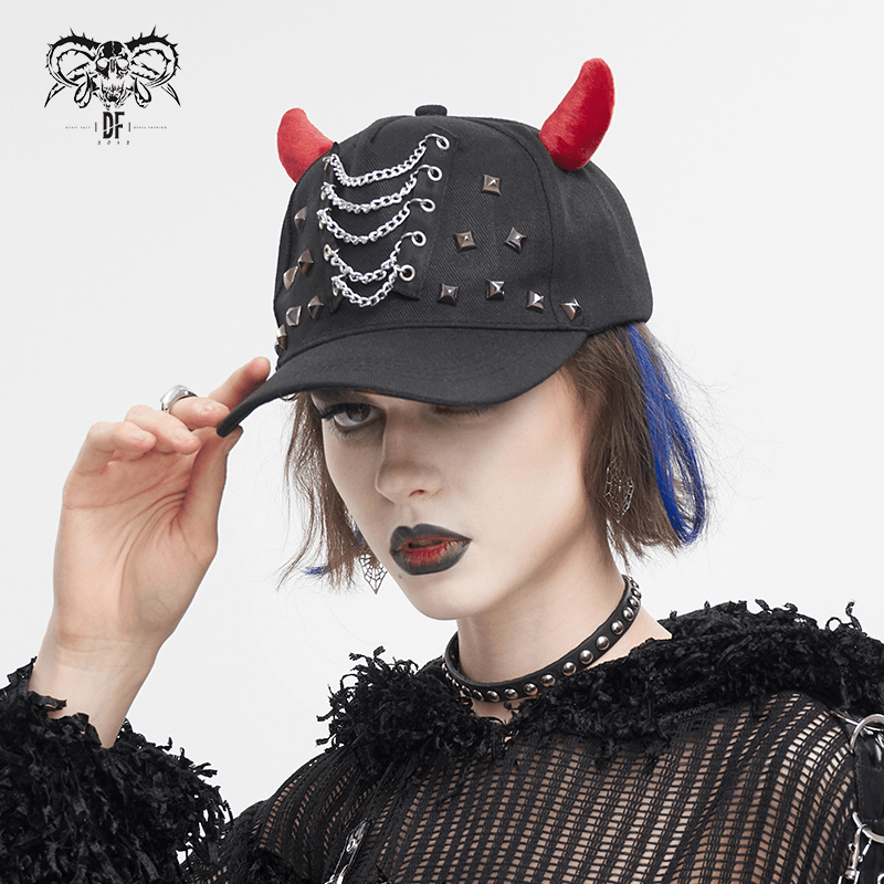 Women's Grunge Cap with Studded Chain / Black Gothic Cap with Red Horns Devil - HARD'N'HEAVY