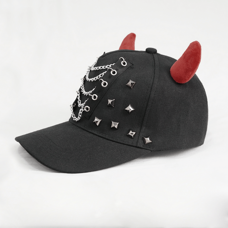 Women's Grunge Cap with Studded Chain / Black Gothic Cap with Red Horns Devil - HARD'N'HEAVY