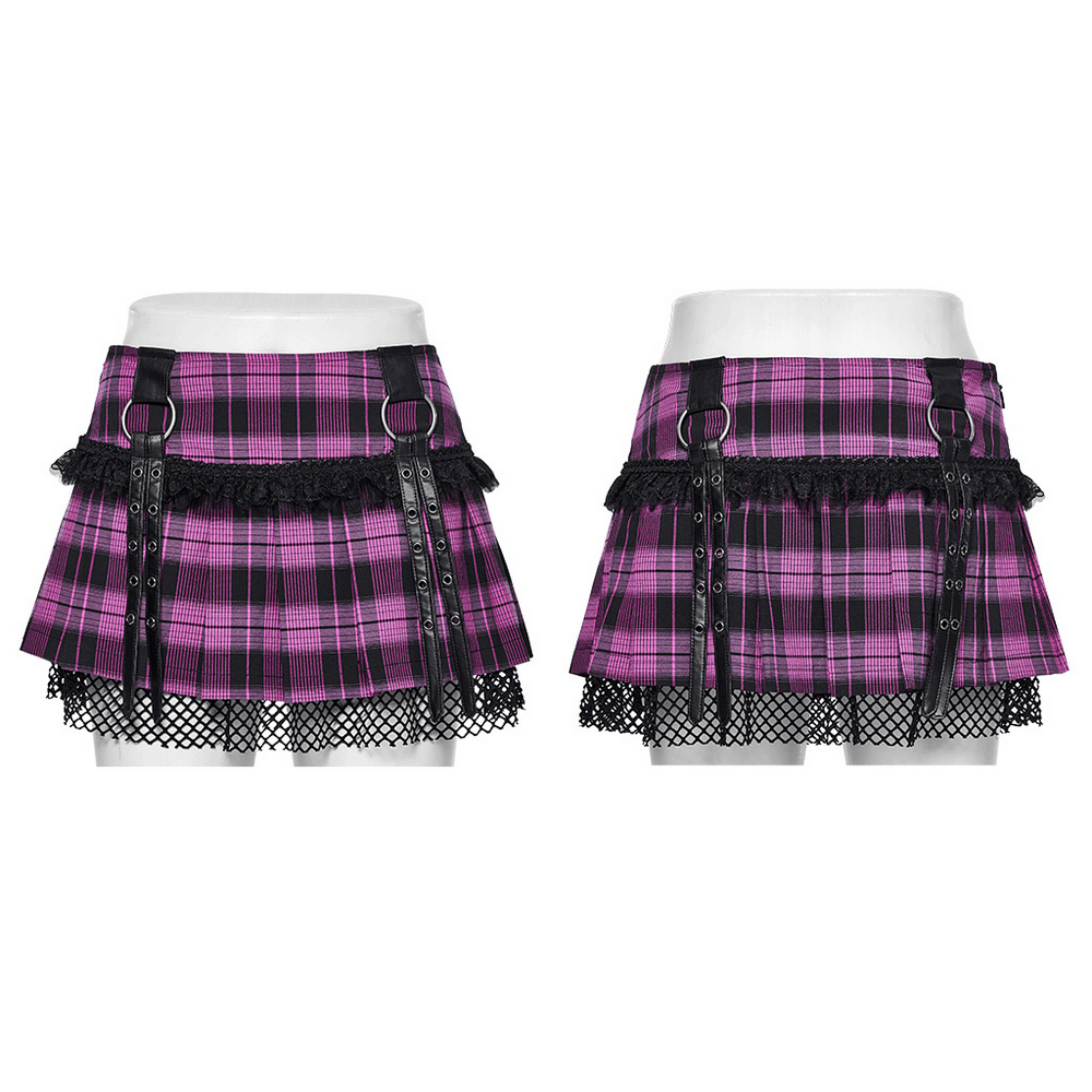 Women's purple plaid pleated mini skirt with lace trim and punk rock straps, perfect for edgy style.