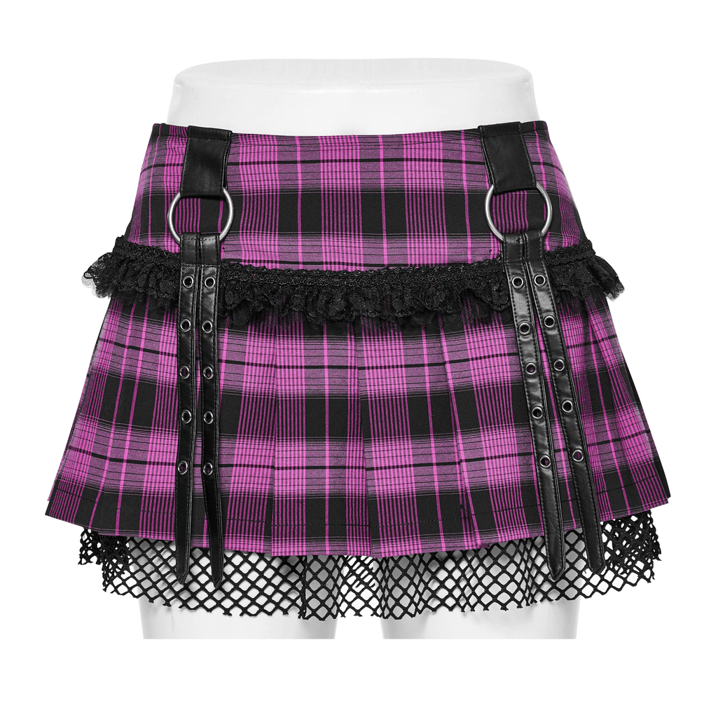 Women's purple plaid pleated mini skirt with lace trim and faux leather details, perfect for a punk rock look.