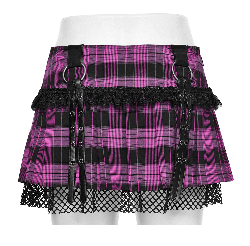 Women's purple plaid grunge mini skirt with lace trim, faux leather tabs, and mesh overlay for an edgy punk look.