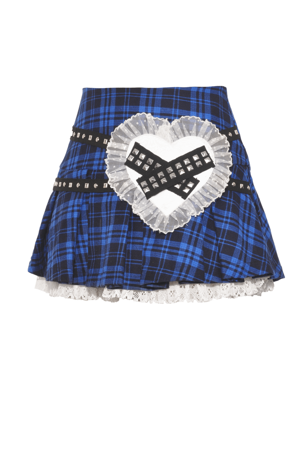 Women's Grunge Plaid Mini Skirt with Lace Trim and Rivets