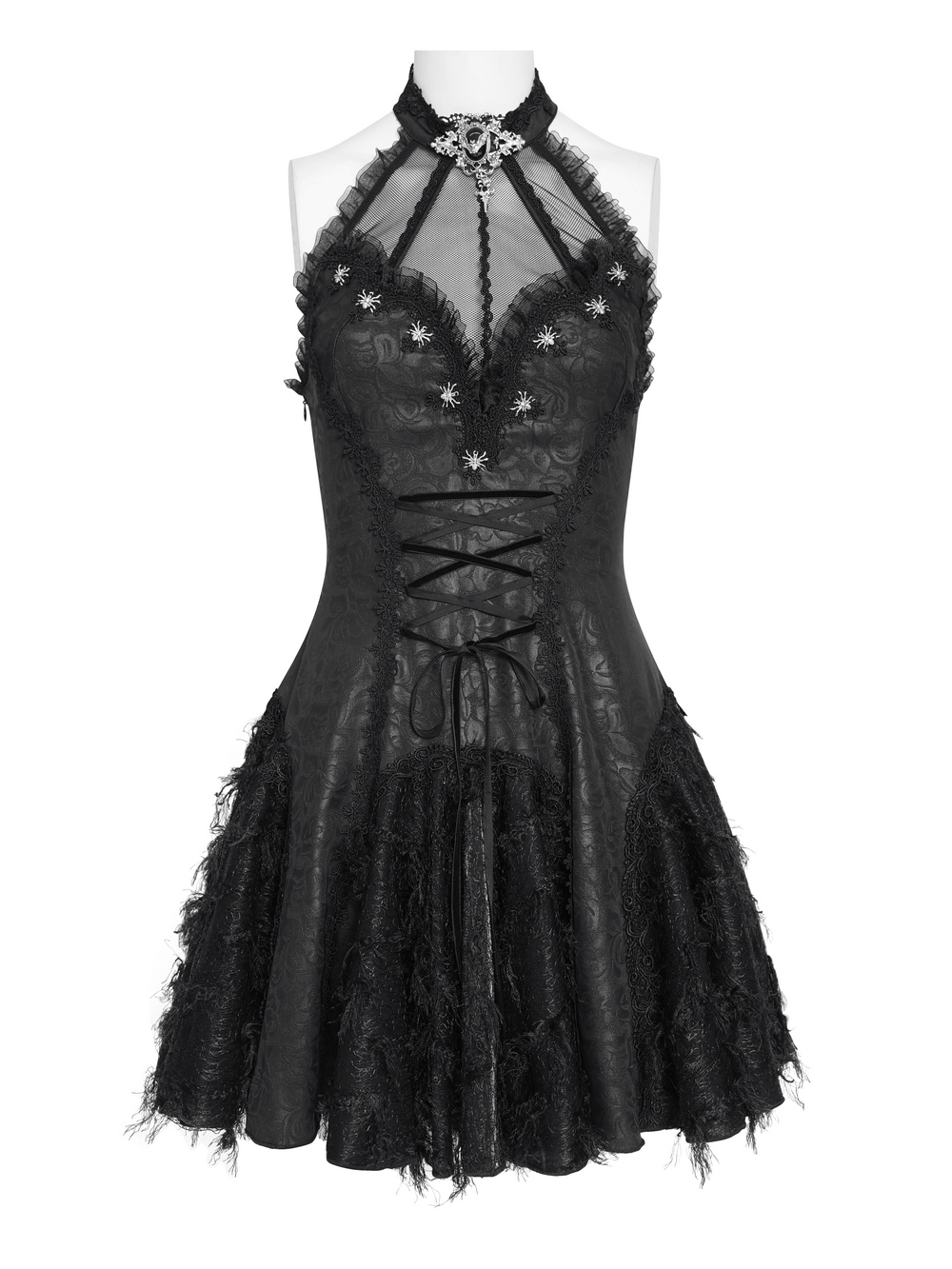 Women's Halter Corset Mini Dress with Lace Trim Detail in black with ruffles and jacquard panels.