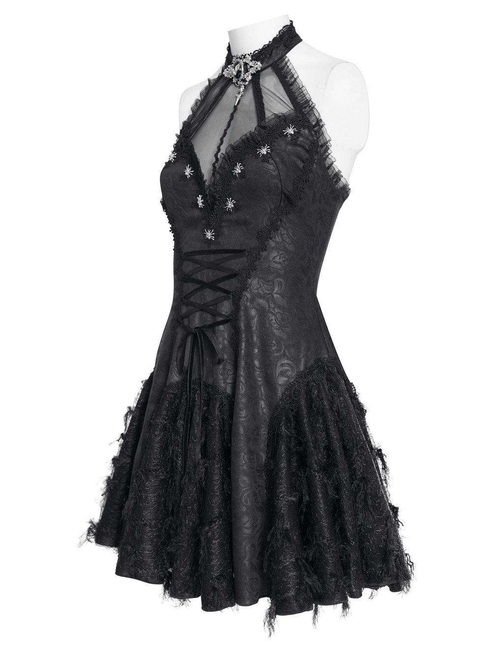 Women's Halter Corset Mini Dress with Lace Trim Detail displayed on a mannequin, featuring ruffles and jacquard texture.