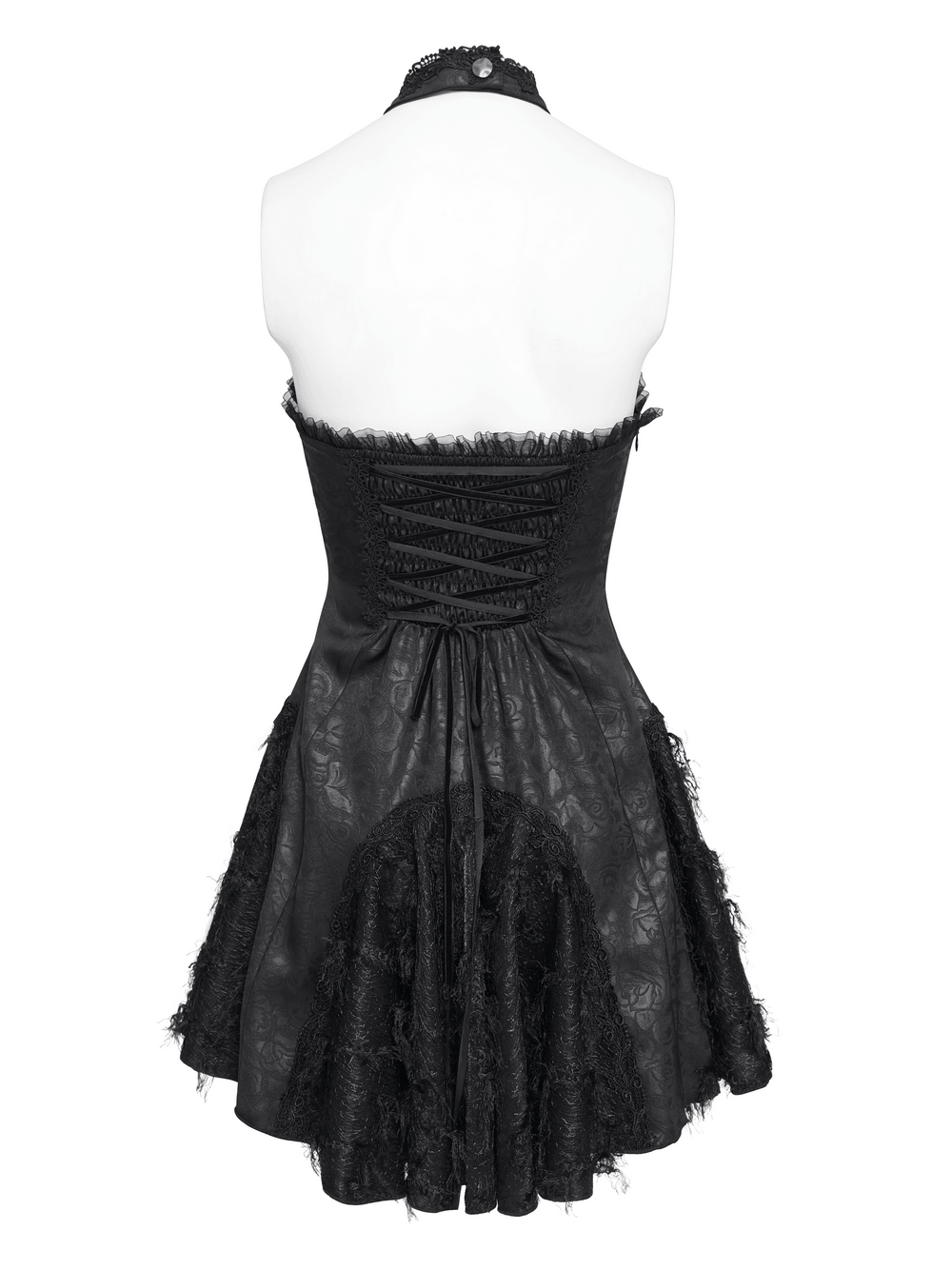 Women's Halter Corset Mini Dress with Lace Trim Detail showcasing the back view with lace and ruffled accents.