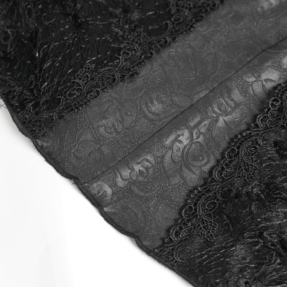 Close-up of Women's Halter Corset Mini Dress with Lace Trim Detail showcasing dark lace and jacquard textures.