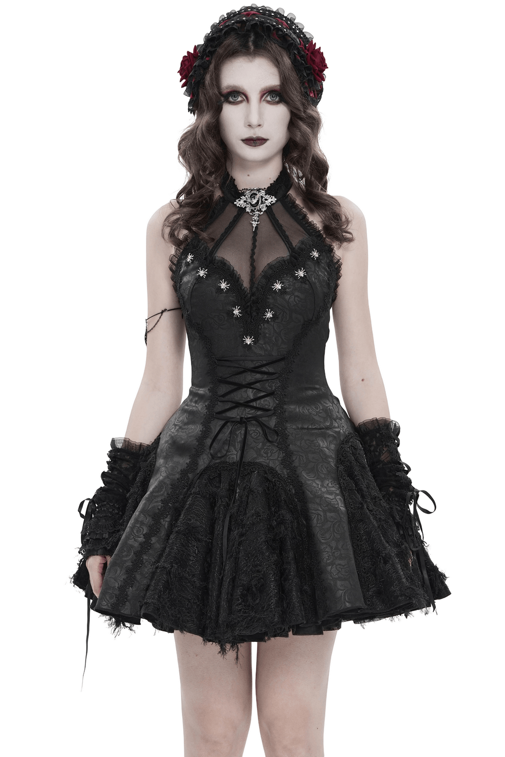 Women's Halter Corset Mini Dress with Lace Trim Detail featuring a dramatic black design with lace and ruffles.