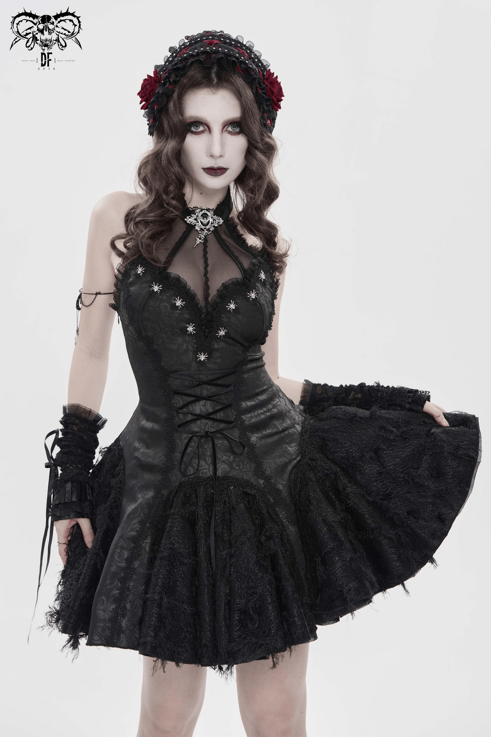 Women's Halter Corset Mini Dress with Lace Trim Detail worn by model with gothic accessories and dramatic makeup.