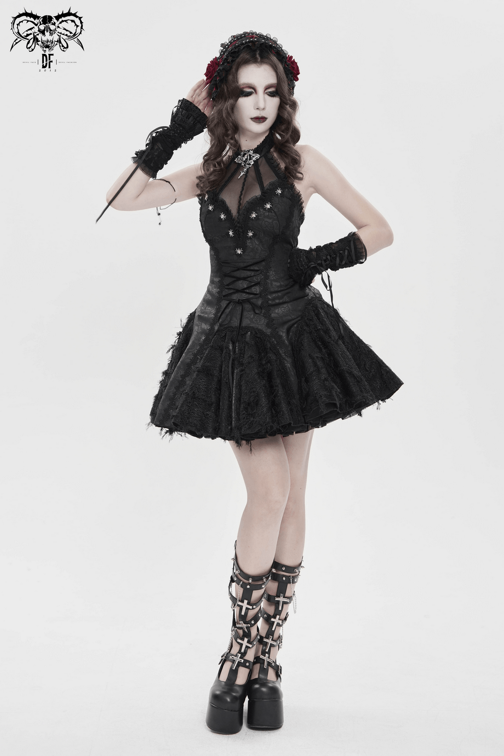 Women's Halter Corset Mini Dress with Lace Trim Detail, featuring a dark gothic design and dramatic silhouette.