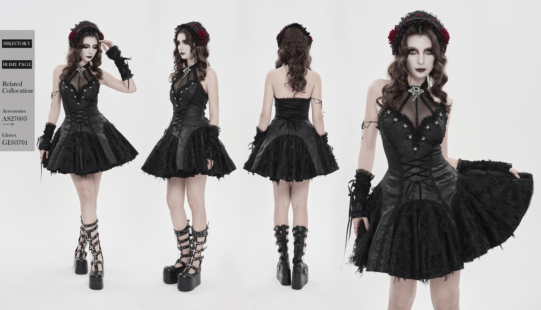 Women's Halter Corset Mini Dress with Lace Trim Detail styled in gothic fashion with dramatic ruffles and lace accents.