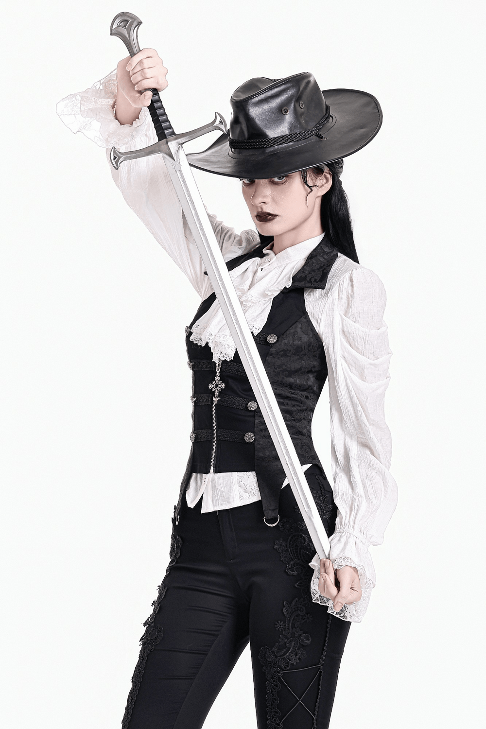 Women's Halter Waistcoat with Zip and Metal Buttons, gothic fitted vest with brocade panels and ornate charm