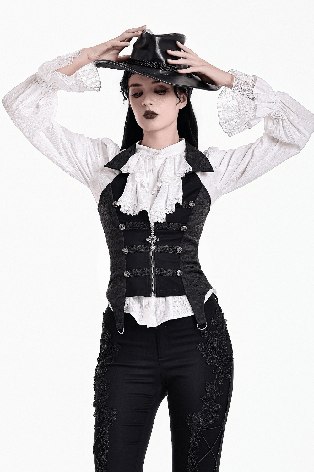 Women's Halter Waistcoat with Zip and Metal Buttons gothic black fitted vest with lace trim, brocade panels, and ornate charm