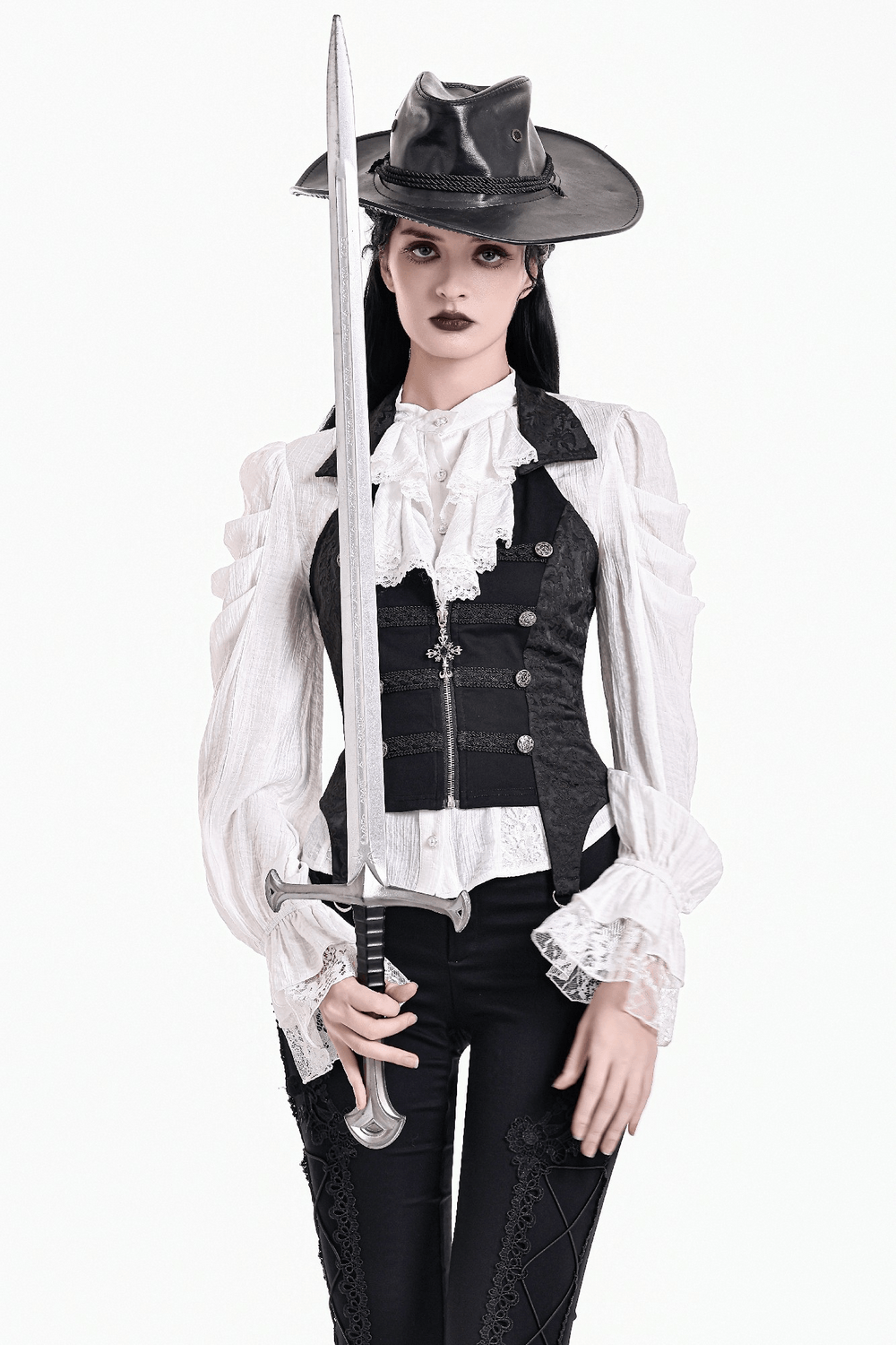 Women's Halter Waistcoat with Zip and Metal Buttons, gothic fitted style with ornate trim and brocade side panels