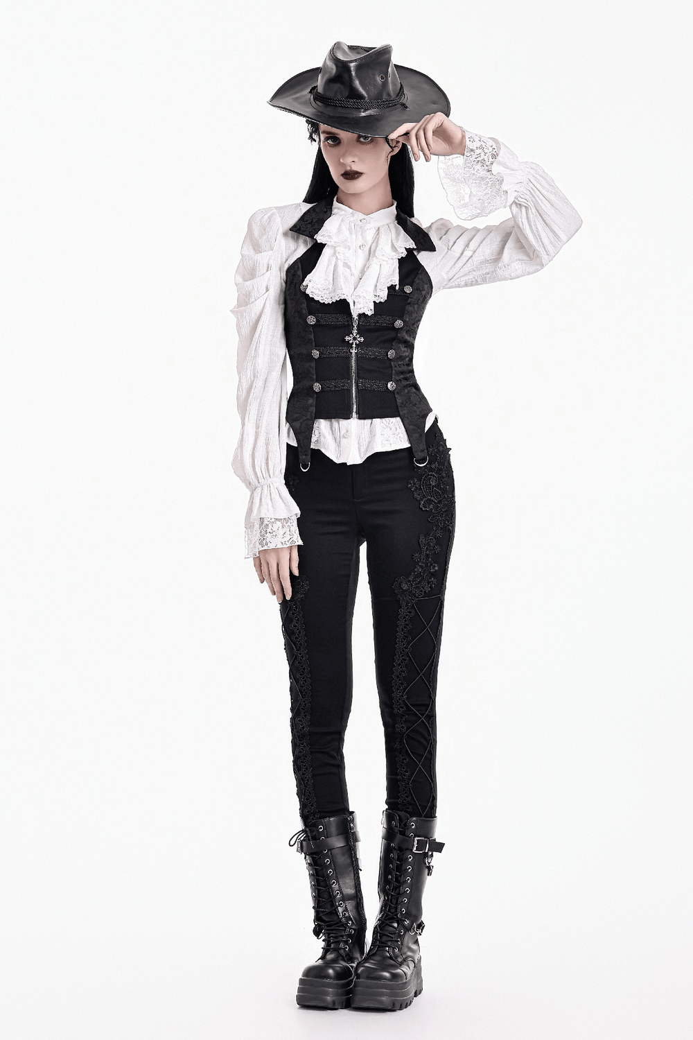 Women's Halter Waistcoat with Zip and Metal Buttons, gothic fitted vest with brocade trim and ornate details