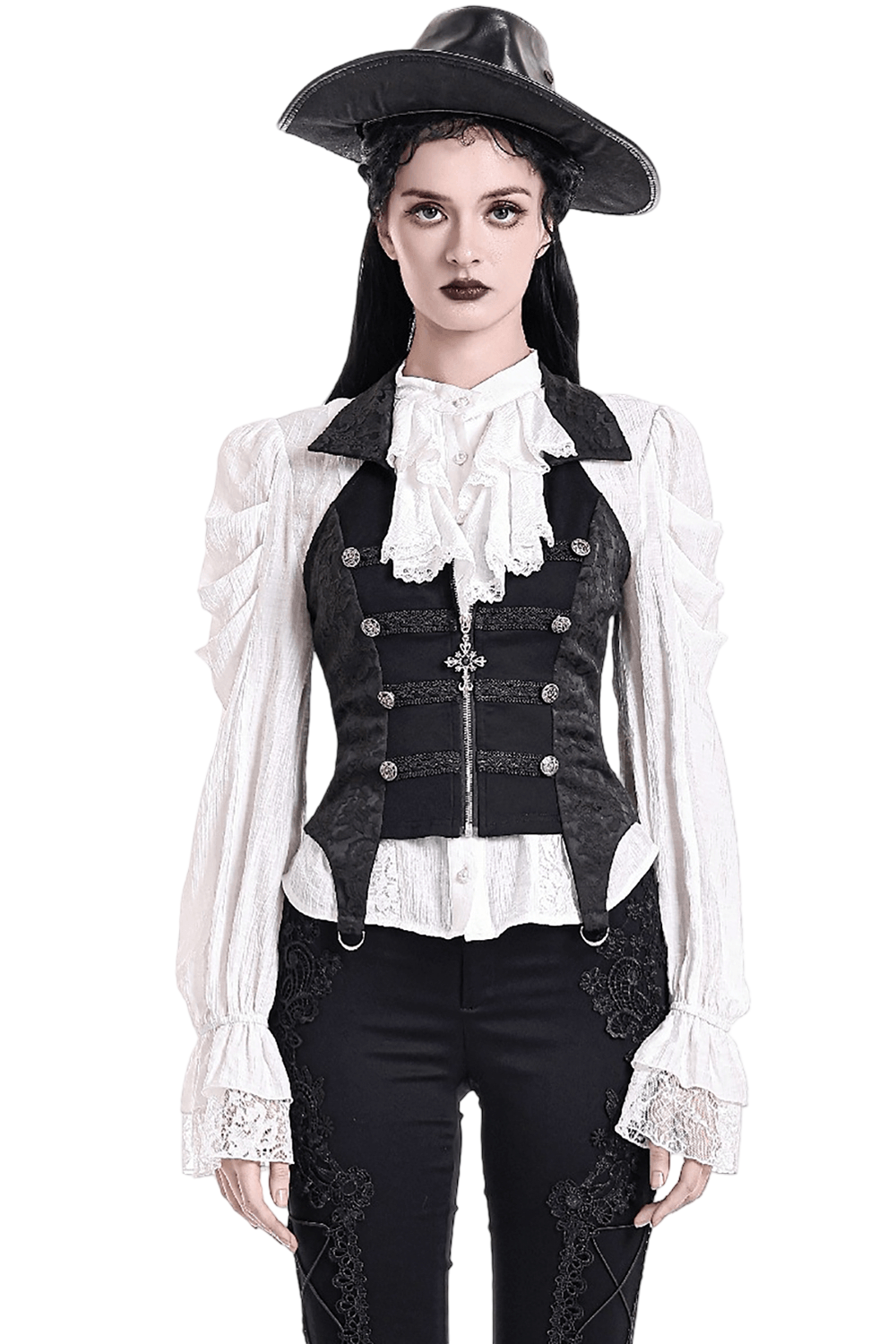 Women's Halter Waistcoat with Zip and Metal Buttons, gothic fitted vest with ornate trim and brocade panels