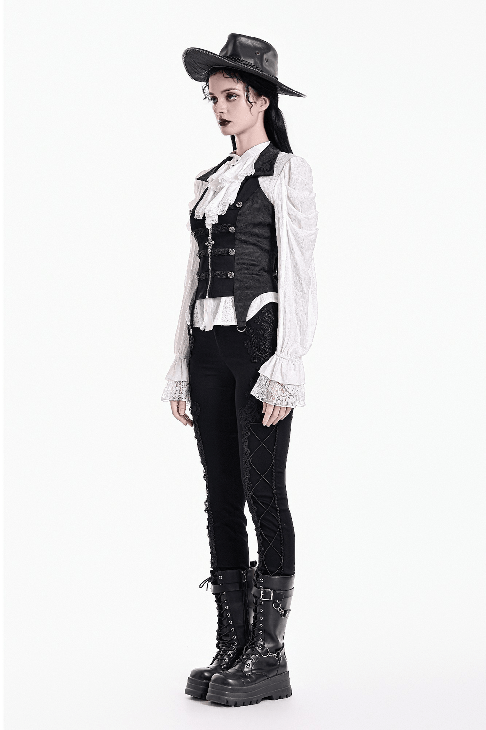Women's Halter Waistcoat with Zip and Metal Buttons, black fitted gothic vest with ornate trim and brocade side panels