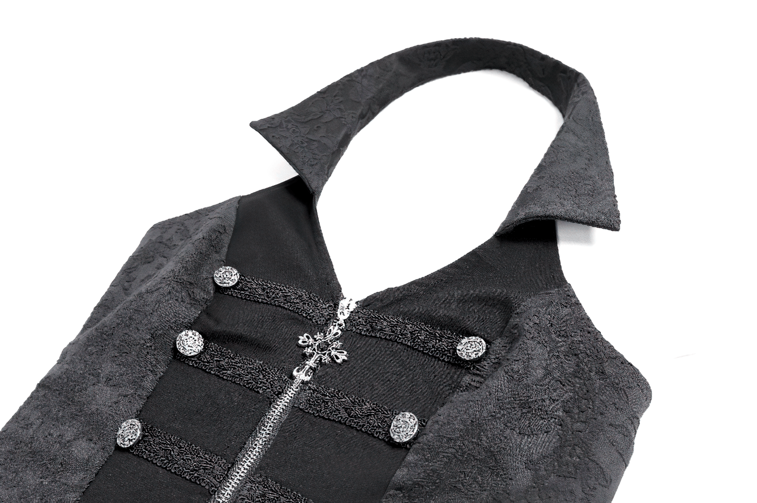 Women's Halter Waistcoat with Zip and Metal Buttons, fitted black brocade vest with ornate trim and decorative closure