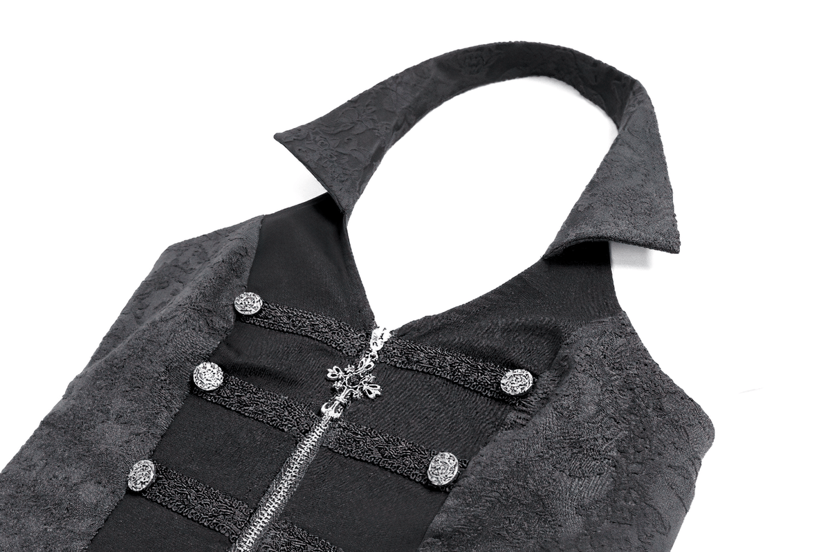 Women's Halter Waistcoat with Zip and Metal Buttons, fitted black brocade vest with ornate trim and decorative closure