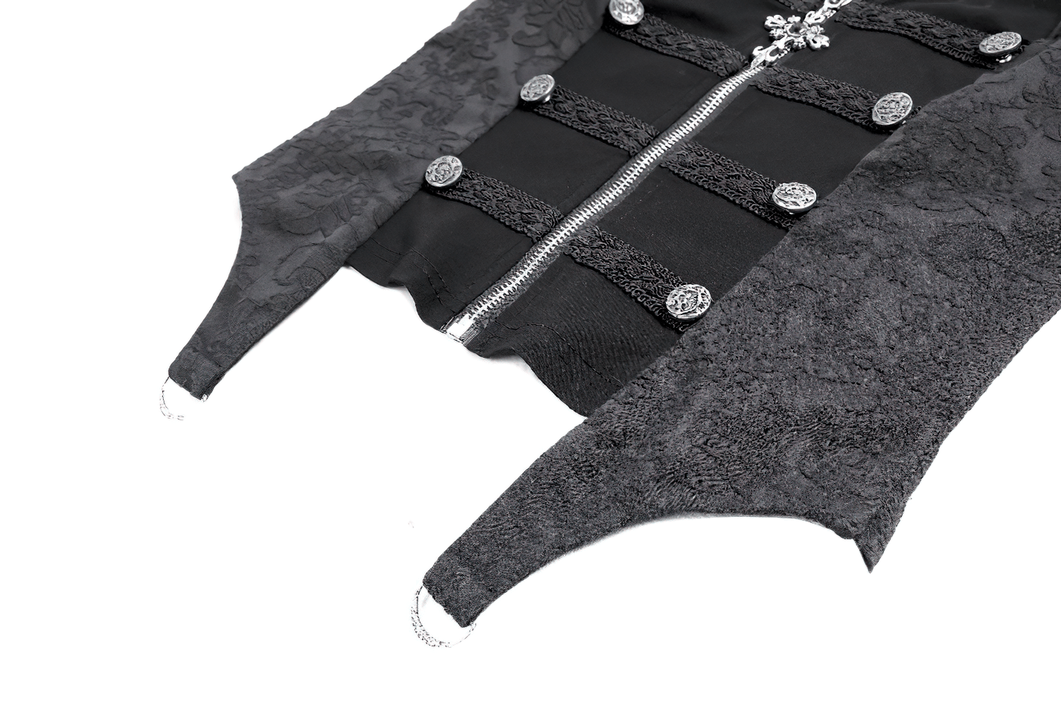 Women's Halter Waistcoat with Zip and Metal Buttons, black fitted brocade vest with ornate trim and zipper