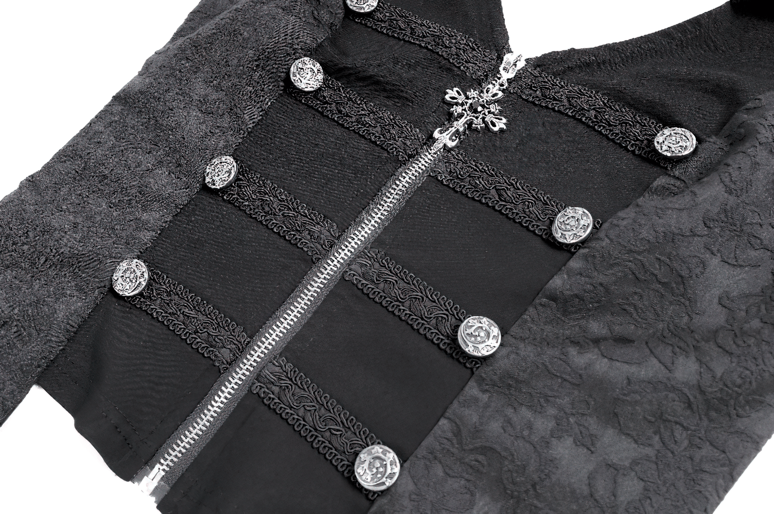 Women's Halter Waistcoat with Zip and Metal Buttons, fitted black vest with ornate trim and silver buttons