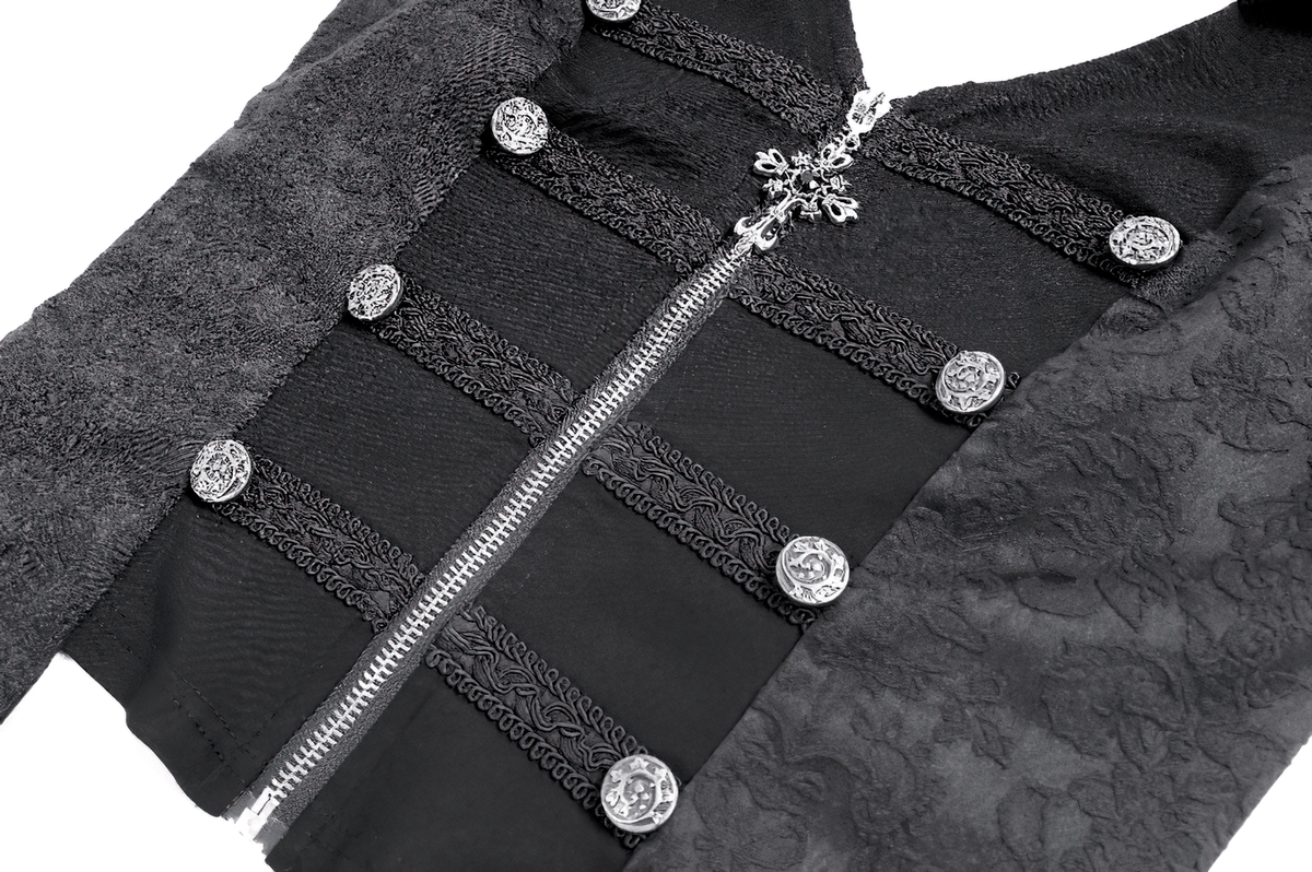 Women's Halter Waistcoat with Zip and Metal Buttons, fitted black vest with ornate trim and silver buttons