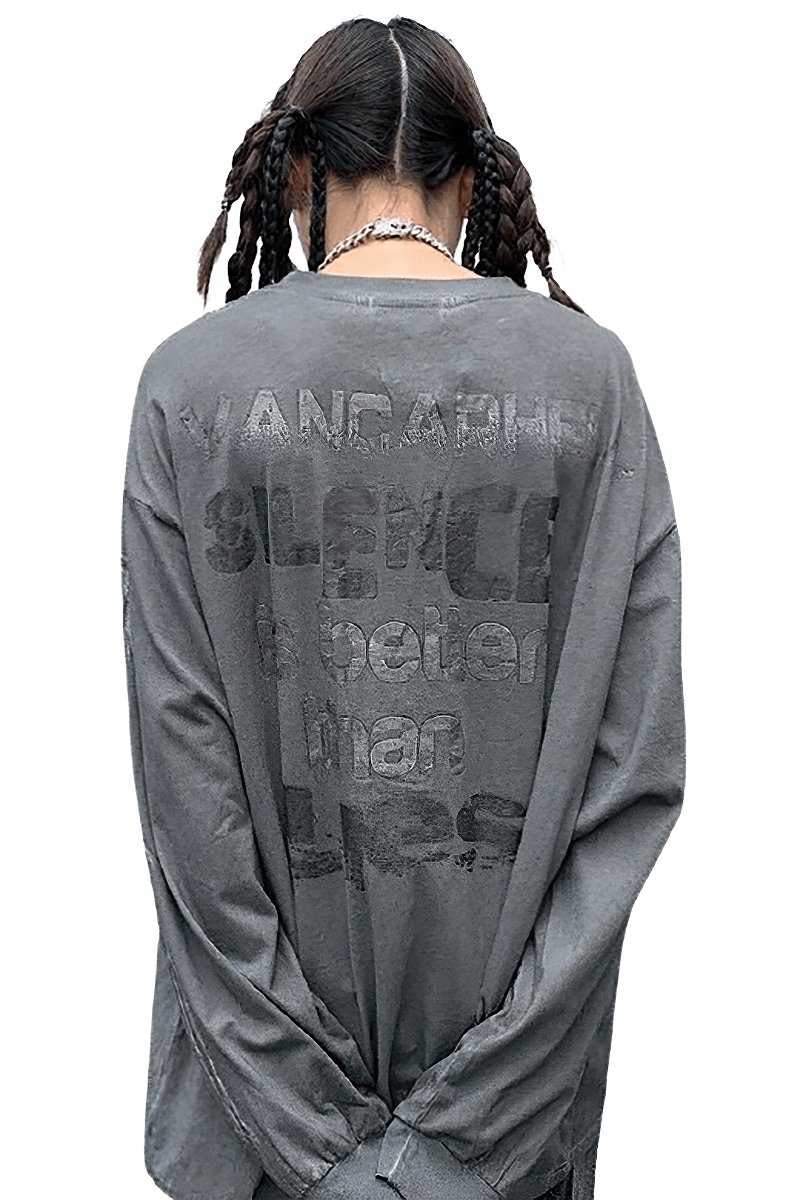 Women's oversized punk sweatshirt with bold back print saying 'Silence is better than lies' in distressed style.