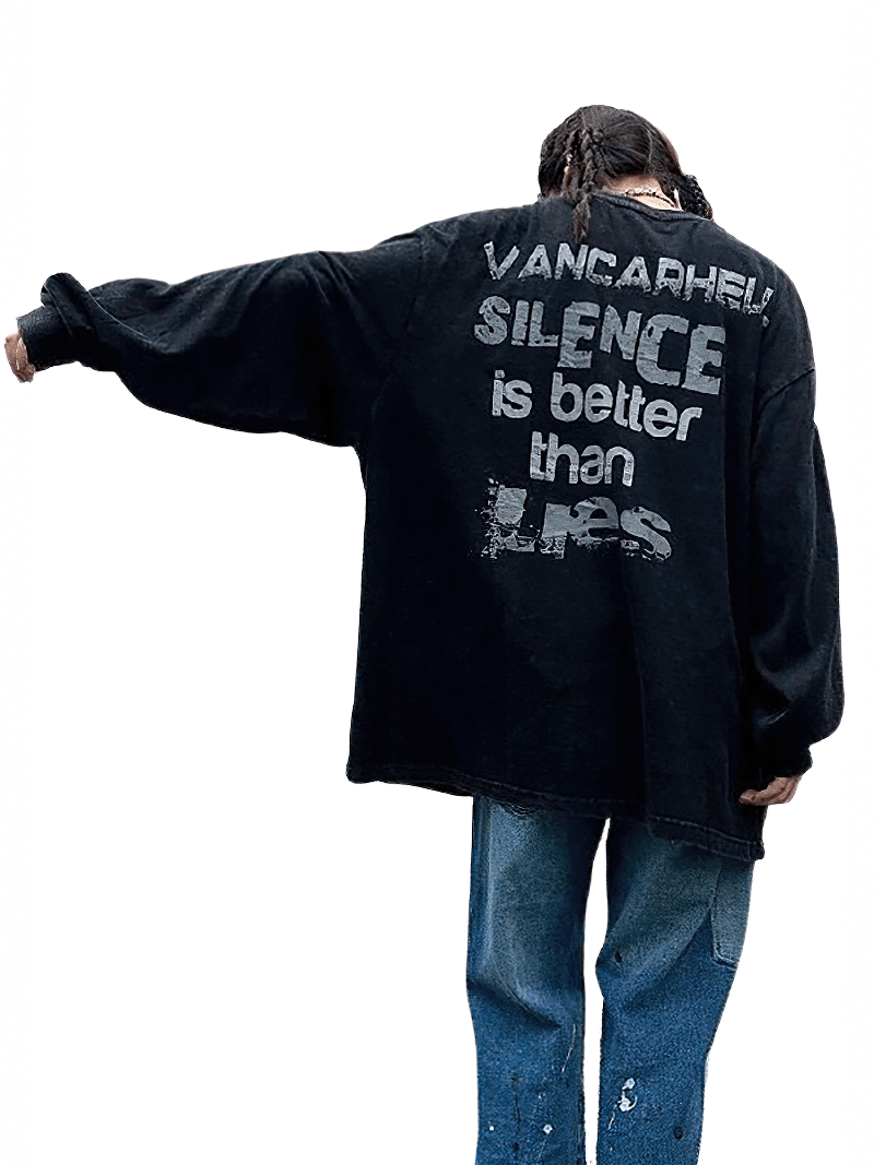 Back view of oversized black sweatshirt with bold text: 'Silence is better than Lies' in punk style.