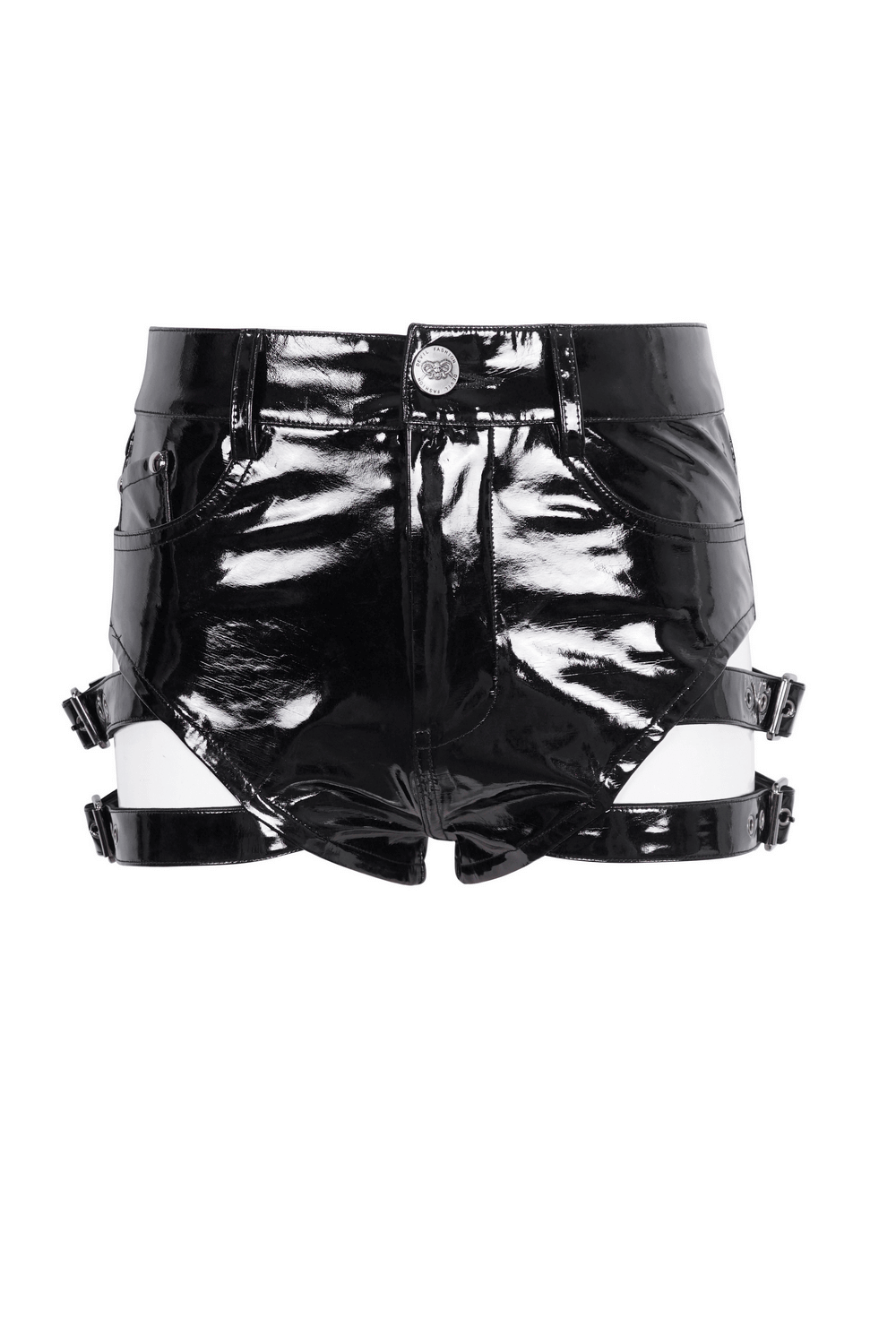 High-waisted black faux leather shorts with buckles, featuring a shiny finish and bold closure details.