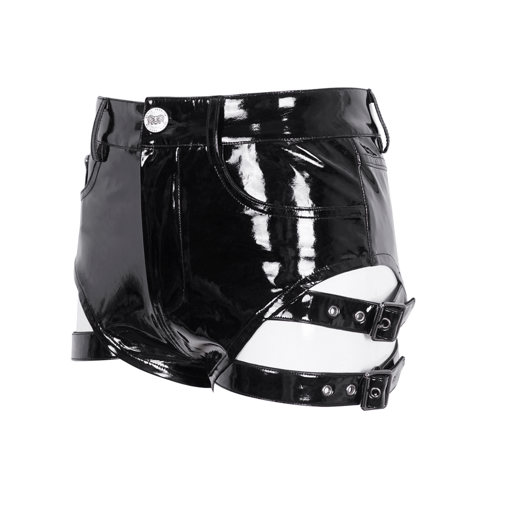 High-waisted black faux leather shorts with buckle detail for a chic, edgy look.