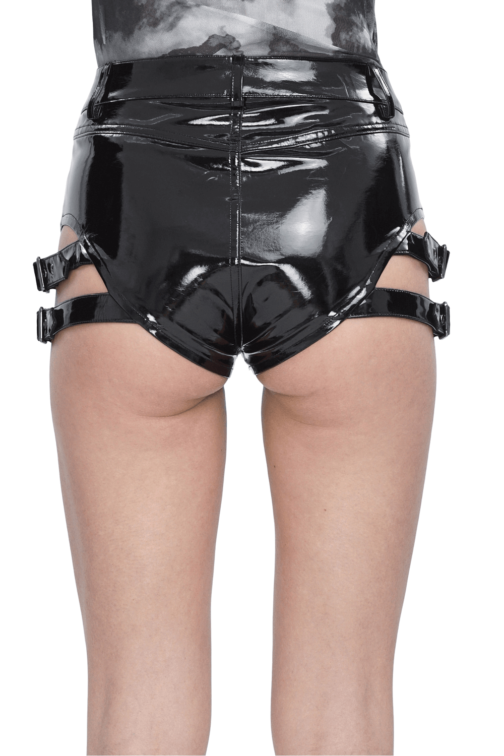 Back view of women's high-waisted black faux leather shorts with buckle details, showcasing a chic and edgy look.