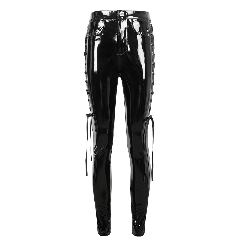 Women's edgy hollow patent leather skinny pants with lace-up sides for a bold, fashionable statement.