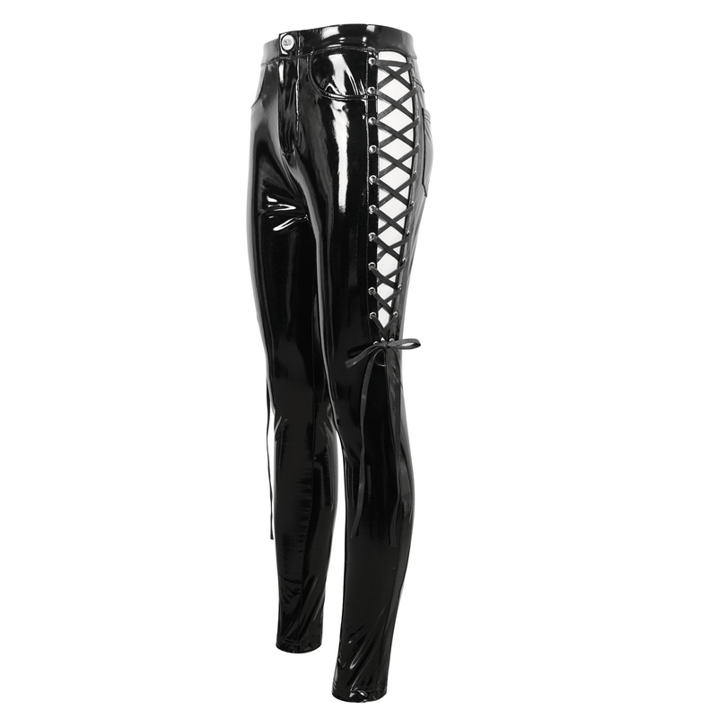 Edgy women's hollow patent leather skinny pants with lace-up sides for a bold, fashionable look.