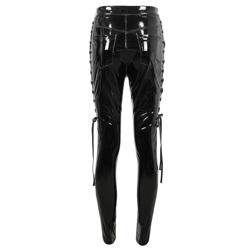 Women's hollow patent leather skinny pants featuring lace-up sides for an edgy, fashionable look.