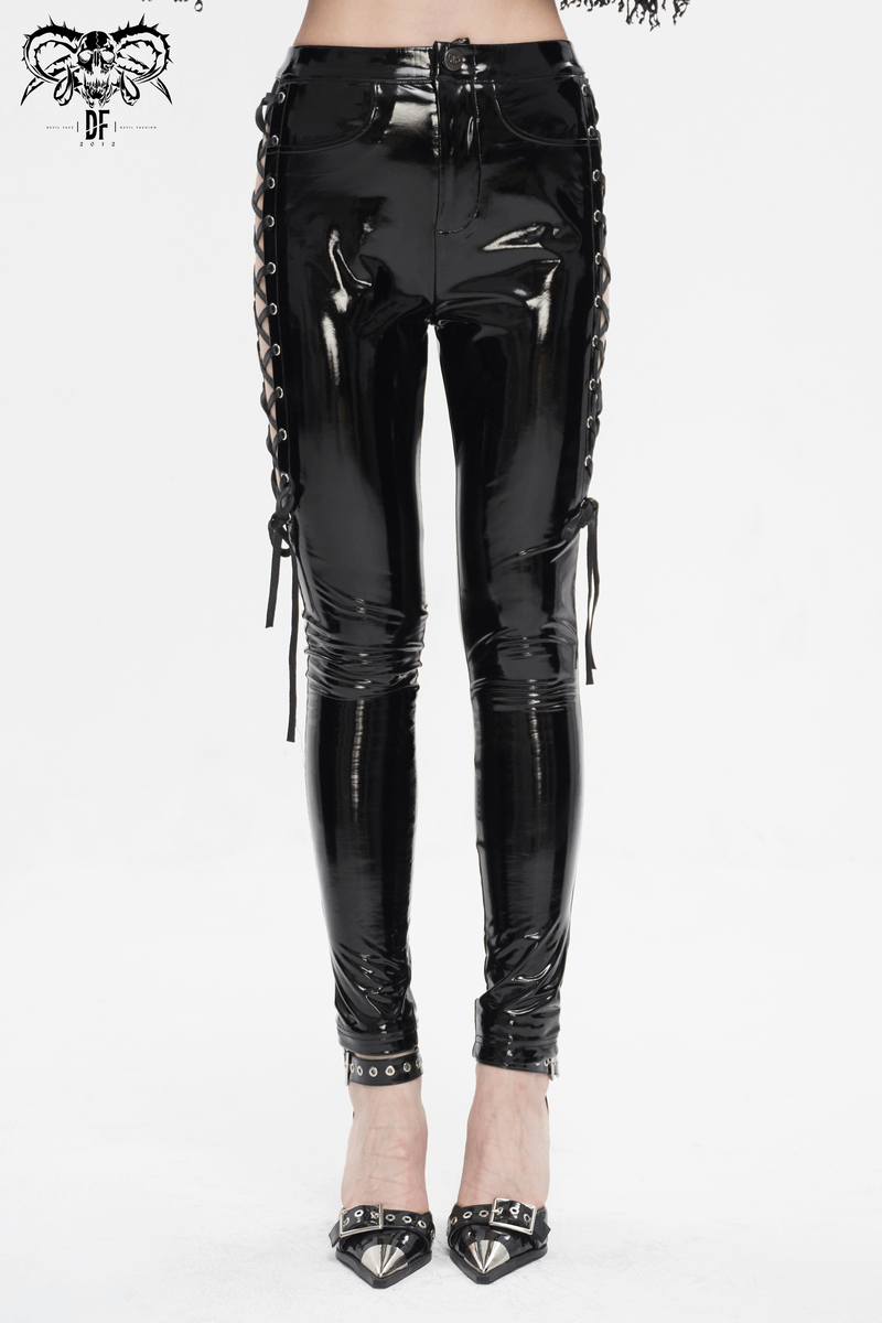 Women's Hollow Patent Leather Skinny Pants With Lace-Up on Sides - HARD'N'HEAVY
