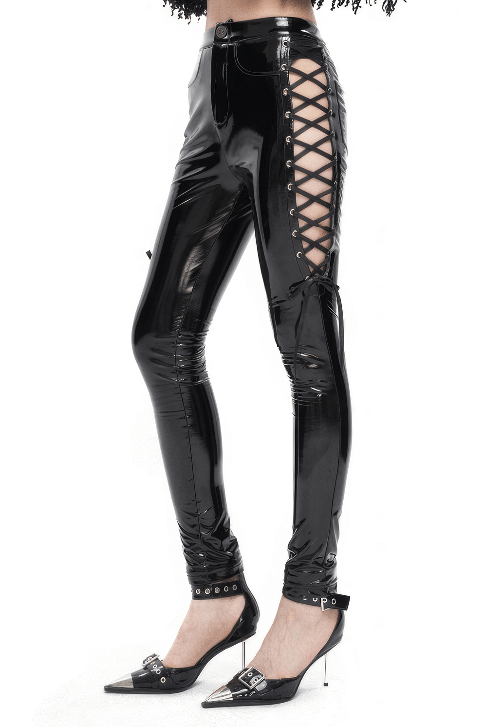 Women's patent leather skinny pants with lace-up sides for an edgy, fashionable look.