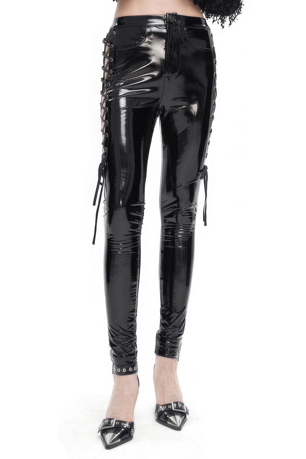 Women's hollow patent leather skinny pants with lace-up sides for an edgy, fashionable look.